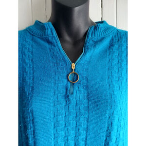 Vintage Turbo Acrylic Sweater Dress Zip Front Turquoise Large